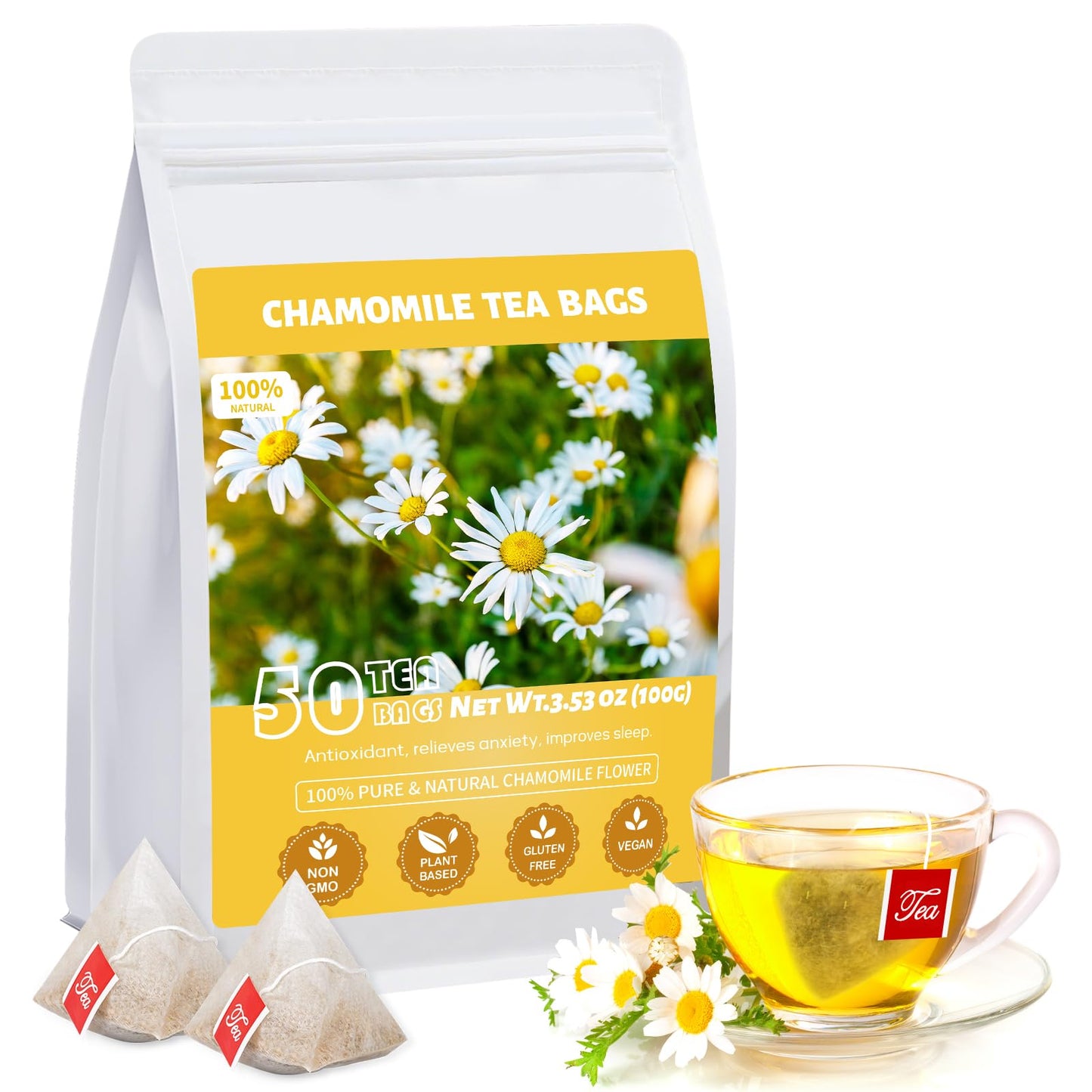 Chamomile Tea Bags 100% Natural Dried Chamomile Tea Flowers Loose Leaf Top-Grade Herbal Tea No Sugar/Gluten Energy Blend Free-50 Count (Pack Of 1)