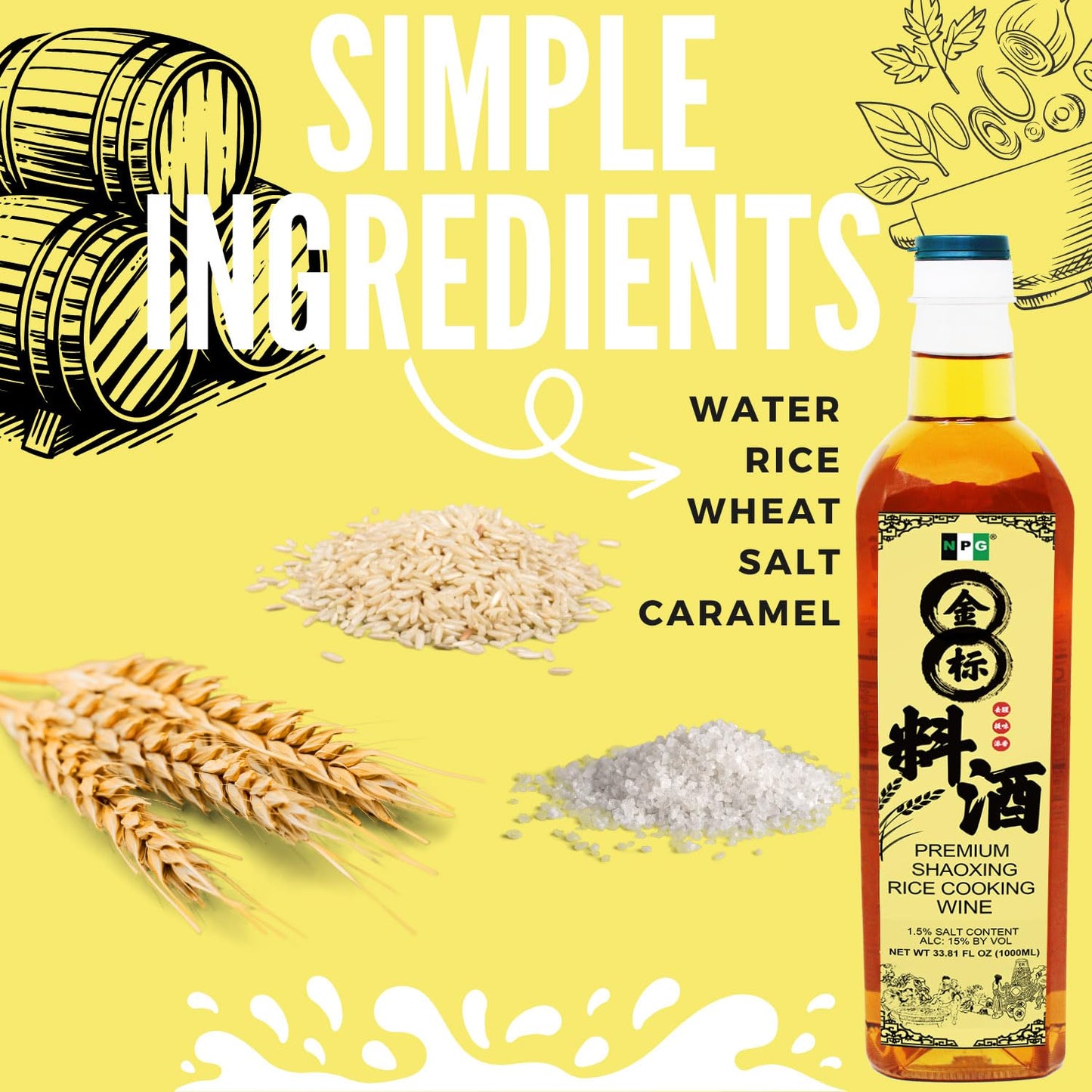 NPG Shaoxing Cooking Wine, 33.81 Fl Oz (1000ml), Chinese Rice Wine for Asian Cooking