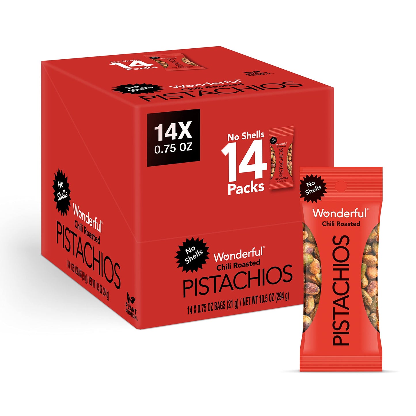Wonderful Pistachios No Shells, Chili Roasted Nuts, 0.75 Ounce Bag (Pack Of 14), Protein Snacks, Gluten Free, On-The-Go, Individ