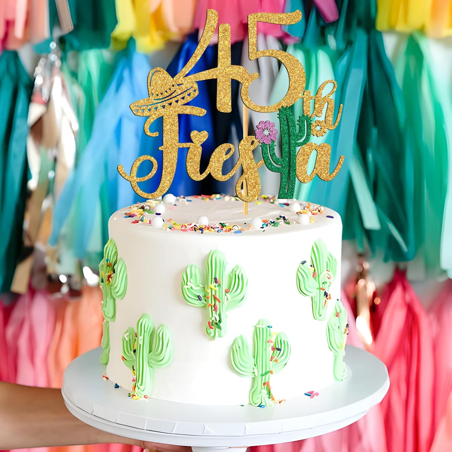 Tivurcia 45Th Fiesta Cake Topper, Cheers To 45 Years/Taco Bout 45 Cake Decor,Tropical Hawaiian Mexican Summer Themed Happy 45Th