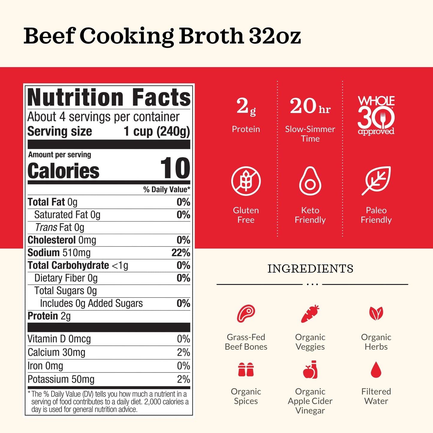 Kettle And Fire Beef Cooking Broth, Keto, Paleo, And Whole 30 Approved, Gluten Free, High In Protein And Collagen, 4 Pack (32 Ou
