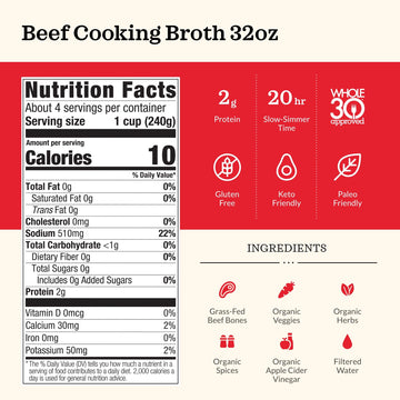 Kettle And Fire Beef Cooking Broth, Keto, Paleo, And Whole 30 Approved, Gluten Free, High In Protein And Collagen, 4 Pack (32 Ou