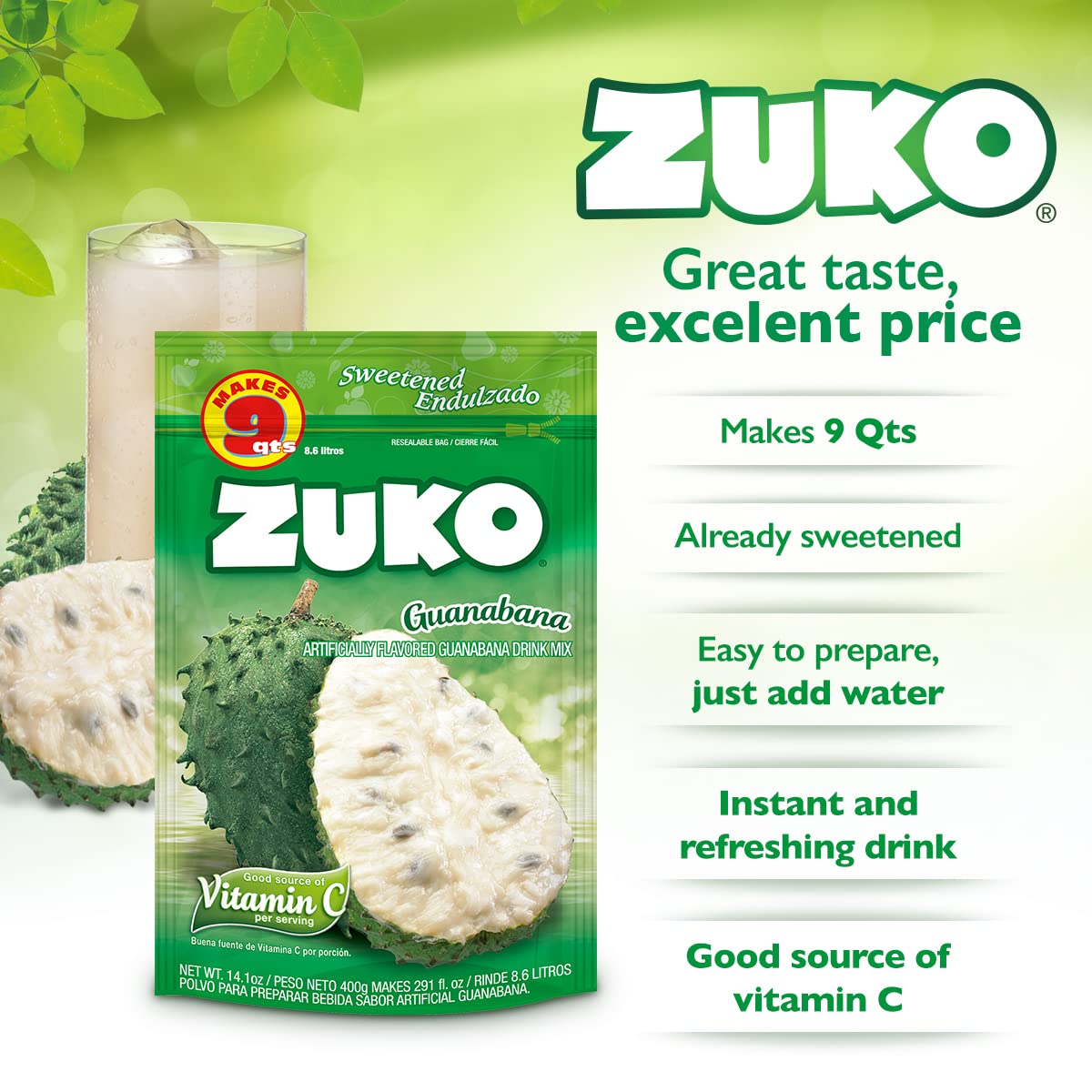 ZUKO Guanabana Instant Powder Drink, No Sugar Needed, Family Pack 14.1 Oz (Pack of 6)