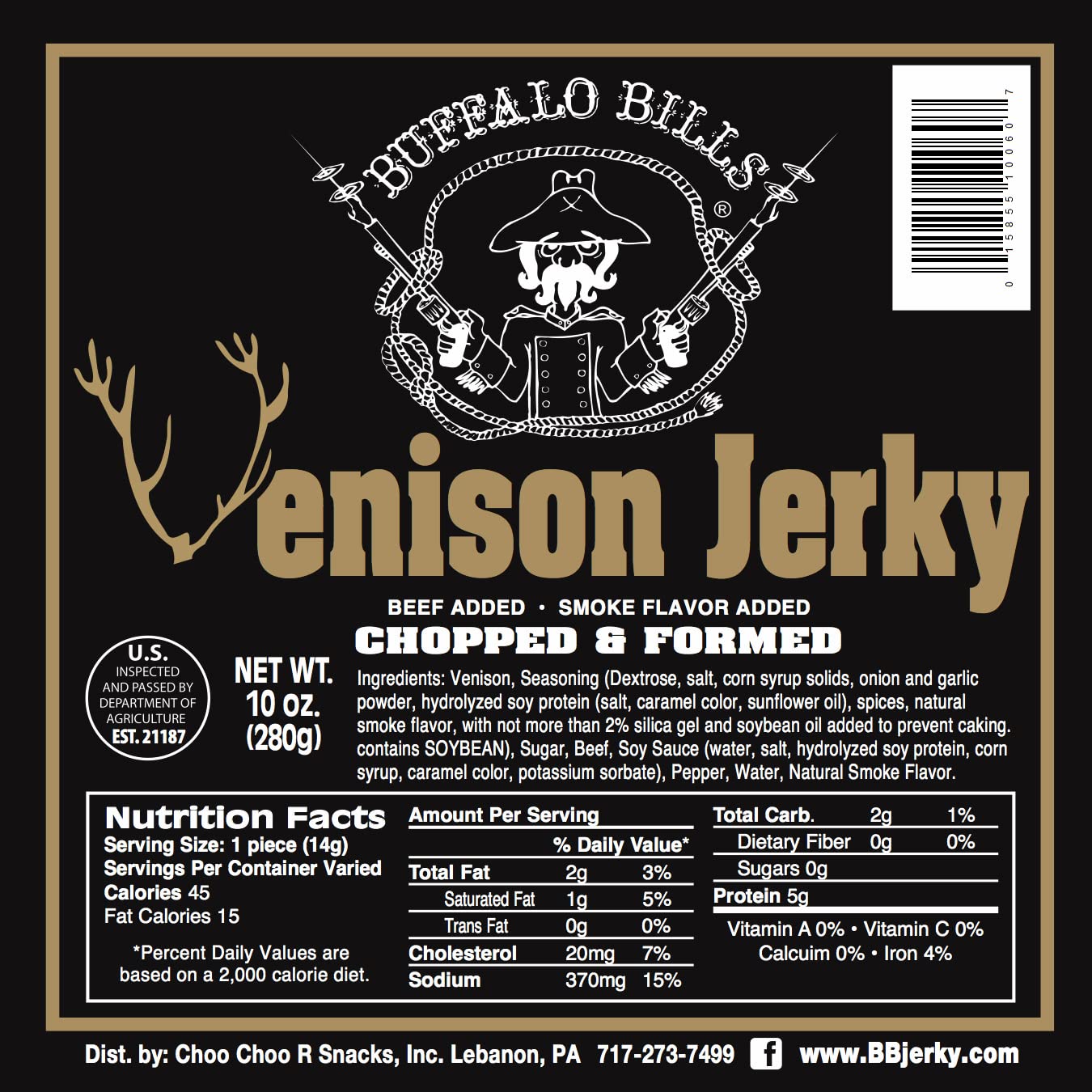 Buffalo Bills Venison Jerky Strips, 10oz Pack, 20 strips, High Protein Snack