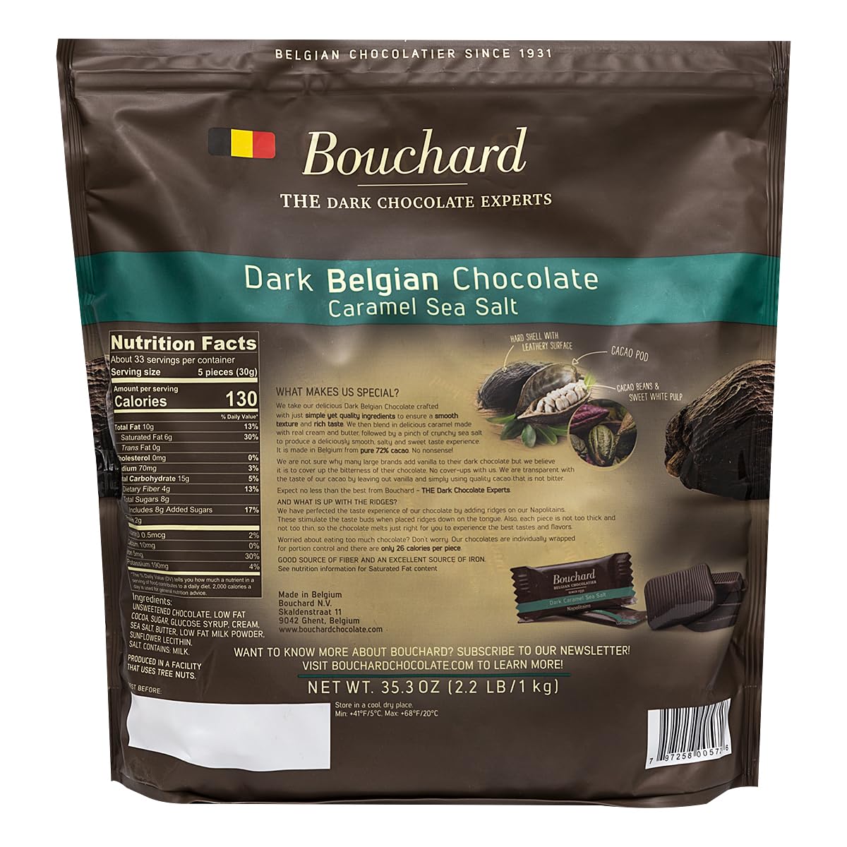 Belgian Dark Chocolate Caramel Sea Salt Napolitains 35.3 Oz (2.2 Lb/1Kg)