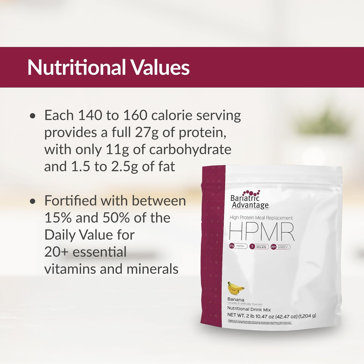 Bariatric Advantage High Protein Meal Replacement Drink Mix, 27g Protein, Lactose Free, Banana Flavor, 42.47 Ounce
