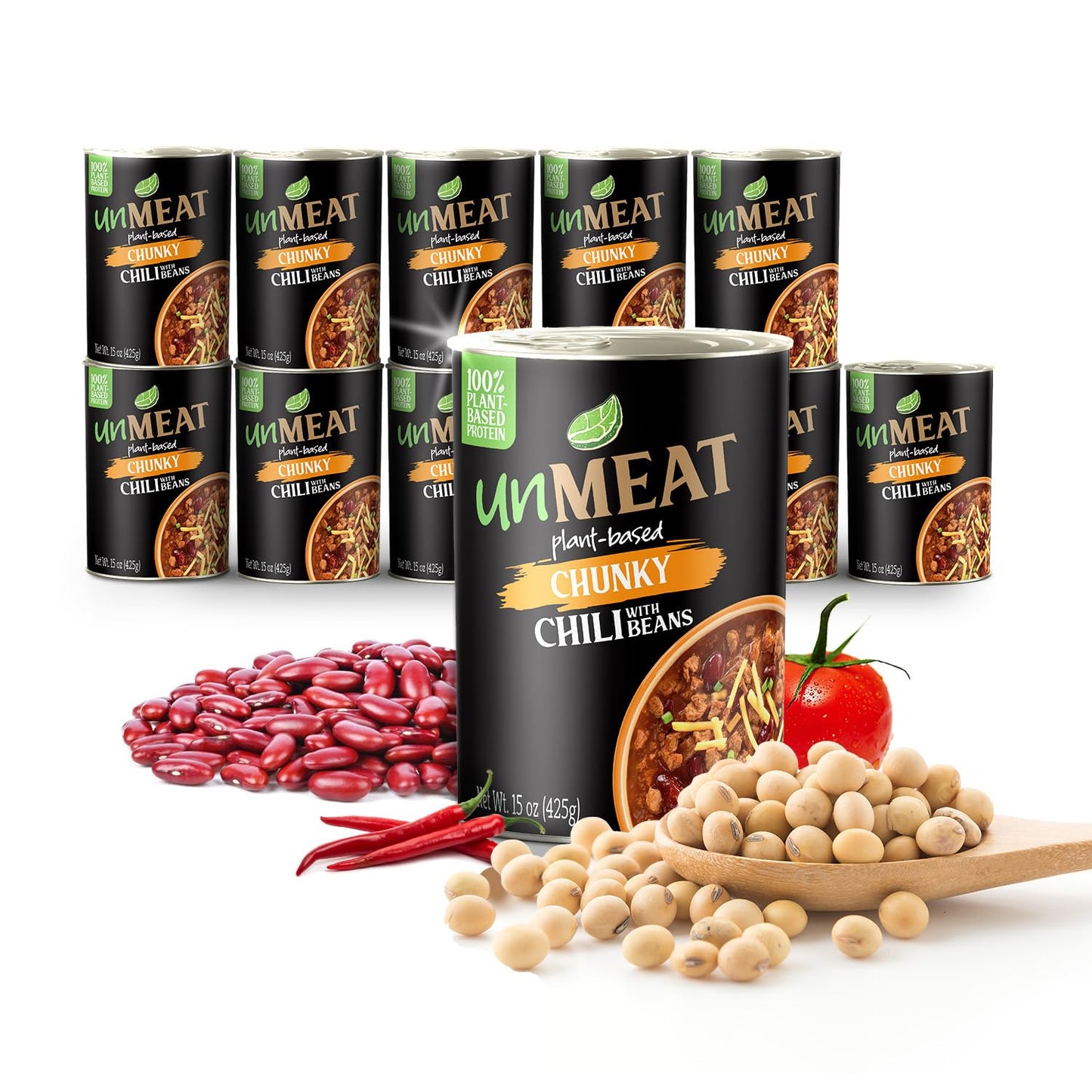 unMEAT Chunky Chili With Beans Extra Protein, Plant-Based Vegan Chili, Easy Open Can, 15 oz, (Pack of 12)