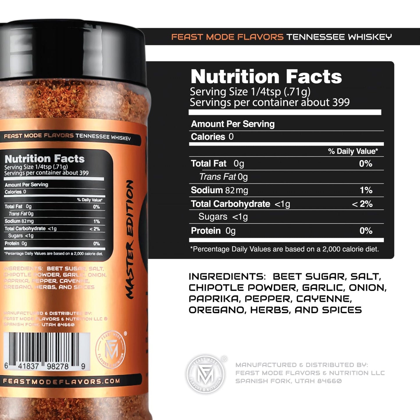 Feast Mode Flavors Tennessee spirit-inspired flavor Seasoning, Smoky Chipotle Spice Blend, Low Sodium, 10oz, Black