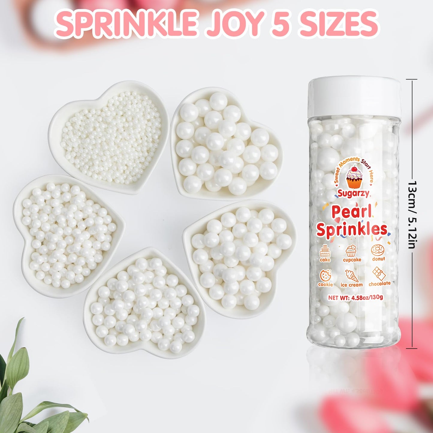 Sugarzy Christmas Edible White Pearl Sprinkles, 130g/4.58oz, Cake Decorating, Cupcake Toppers, Baking Candy Decorations