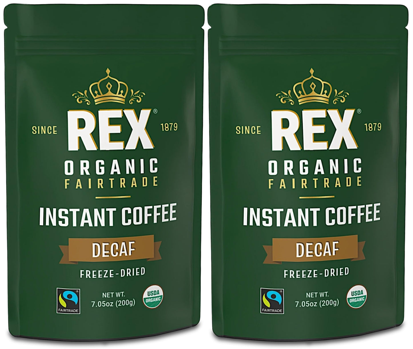 Rex Organic Fairtrade Decaf Freeze-Dried Instant Coffee - Naturally Decaffeinated Arabica 7.05 Oz (Pack Of 2) Resealable Pouch Bags - Mountain Water Process