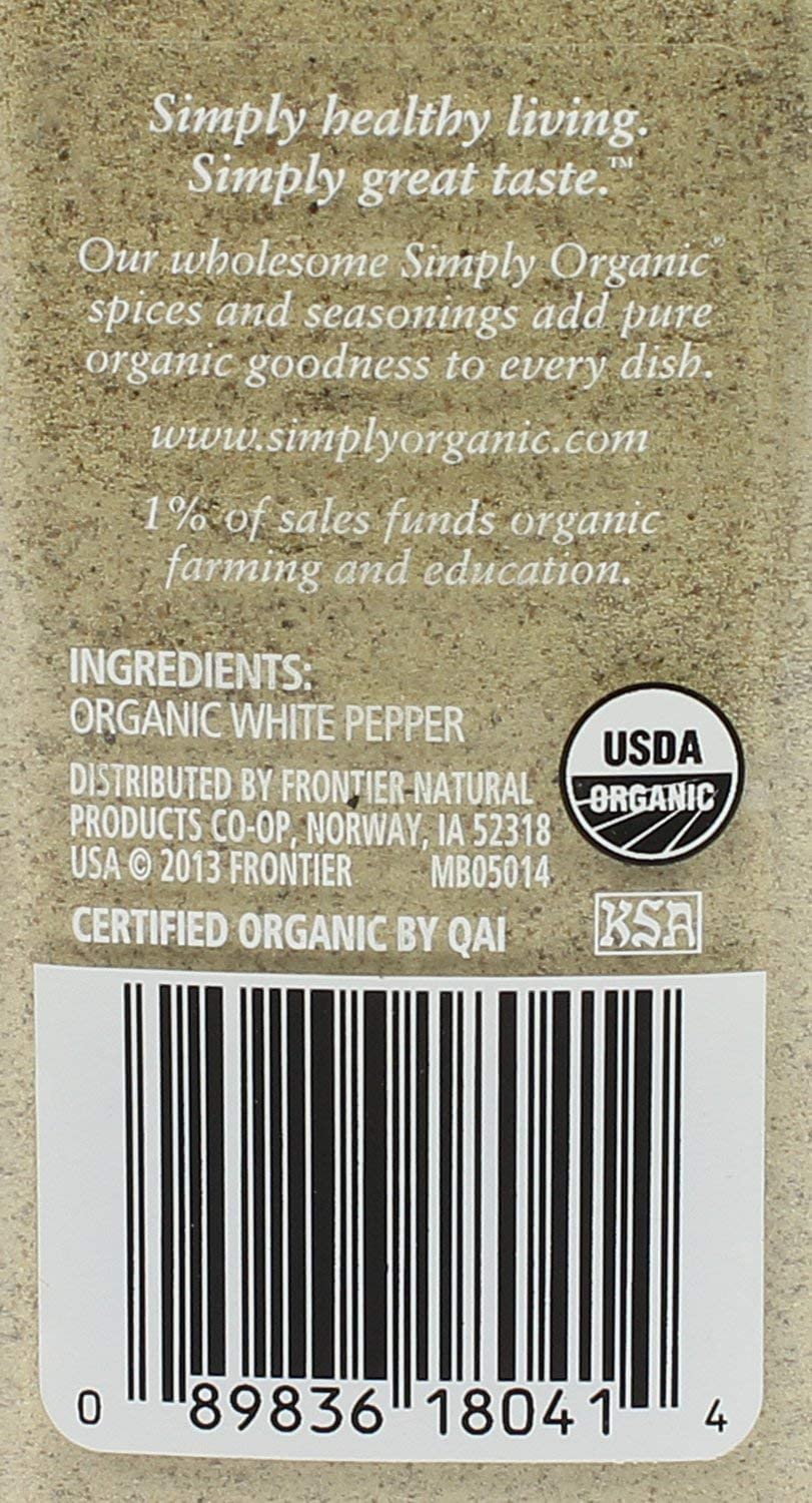 Simply Organic White Pepper, 2.86-Ounce Jar, Lightly Flavor Sauces, Fish, Chicken & Potato Dishes, Milder Earthy Flavor