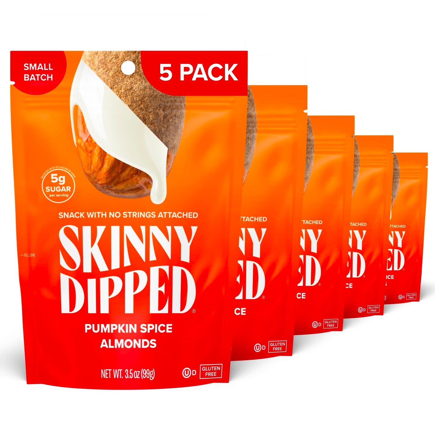 Skinnydipped Pumpkin Spice Almonds, Healthy Snack, Plant Protein, Gluten Free, 3.5 Oz Resealable Bags, Pack Of 5