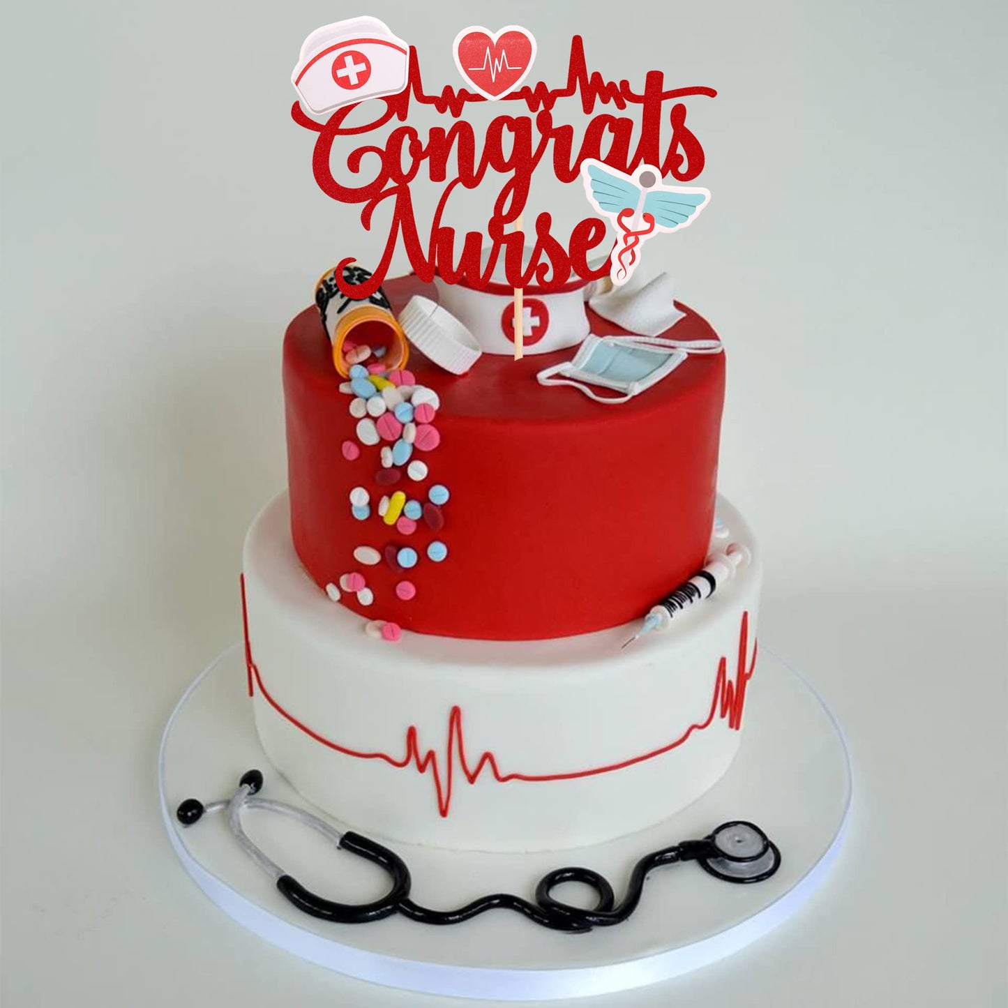ZHUOWEISM Nurse Cake Topper, Red Glitter, Small, Paper, Model ZW371, Nursing Graduation Decorations