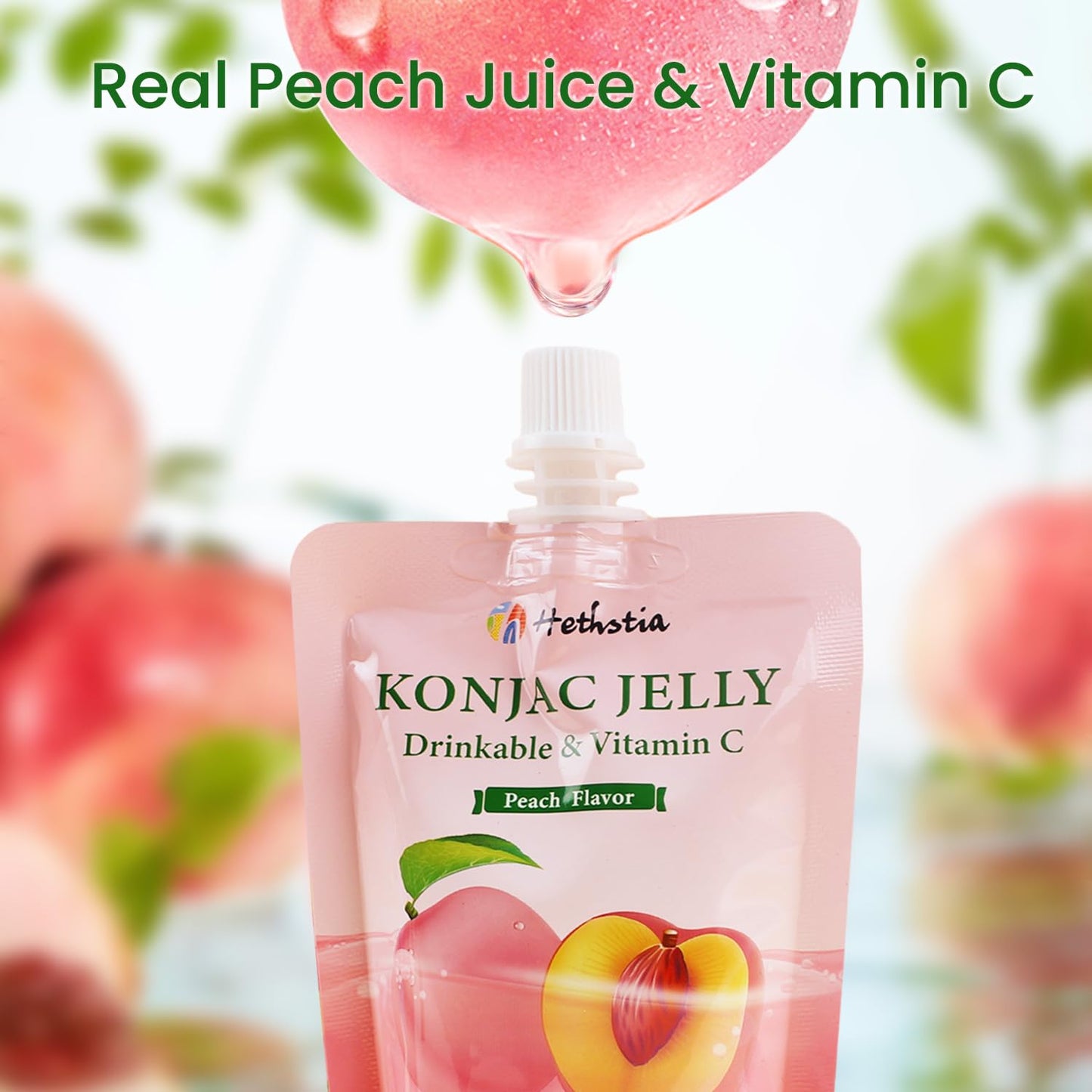 Hethstia Konjac Jelly Peach Flavor Squeeze Pouch, 4 Calories Healthy Drinkable Fruit Sweet Snacks, 10 Packs, 0 Sugar, Keto, Vega