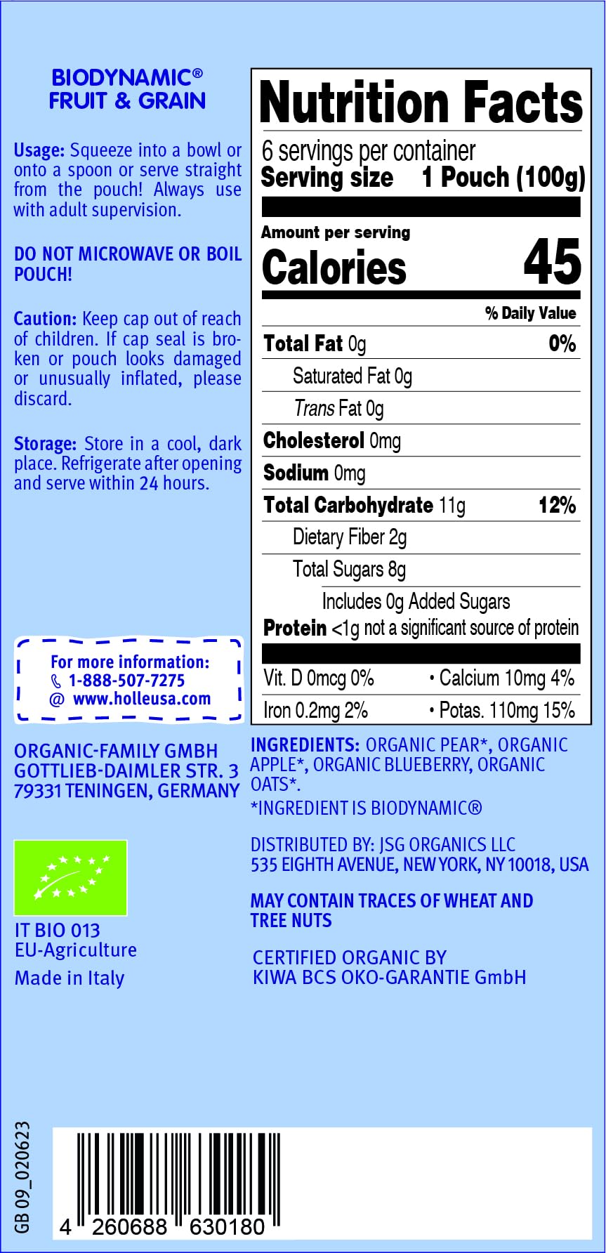 Holle Organic Baby Food Pouches - Blue Bird Baby Puree With Pear, Apple, Blueberry & Oat - (6 Pack) Organic Baby Snacks + Fruit And Veggie Pouches For Weaning Babies 6 Months And Older