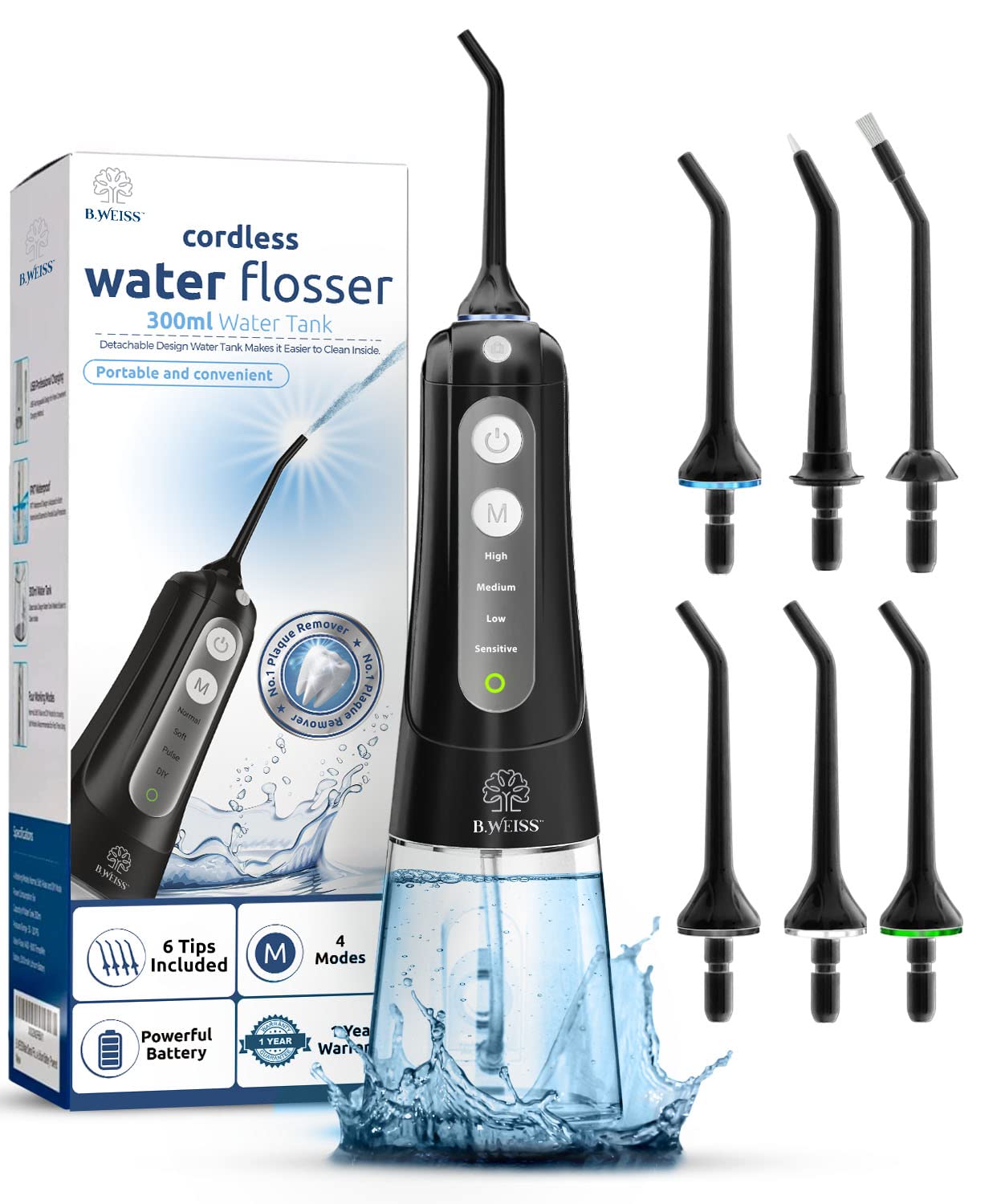 Cordless Water Flosser For Teeth Gum Cleaning Dental Pick, 6 Tips Included, 4 Cleaning Modes, Ipx7 Waterproof, Rechargeable Wit