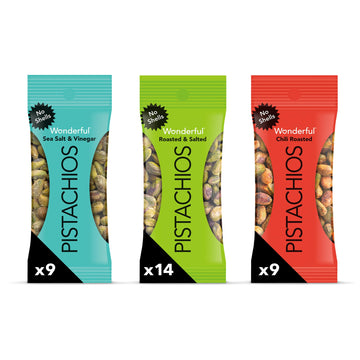 Wonderful Pistachios No Shells, 3 Flavors Mixed Variety Pack Of 32 (0.75 Ounce), Roasted & Salted Nuts (14), Chili Roasted (9),