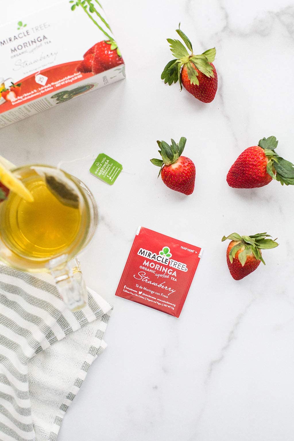 Tree Organic Moringa Superfood Tea - 6 Pack, 25 Individually Sealed Bags, Strawberry Flavor, Vegan, Gluten-Free, Caffeine-Free