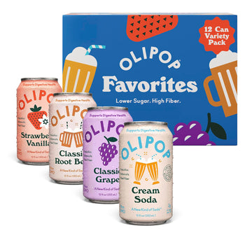 OLIPOP Prebiotic Soda Pop, Favorites Variety, Pantry Pack Packed with Prebiotics, Fiber, and Botanicals, Gluten Free, Vegan, GMO