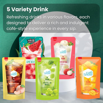 Generic Korean Convenience Drink Pouch Variety Pack – 5 Flavors: Peach Ice Tea, Watermelon Ade, Shine Muscat Ade, Lychee Ade, Apple Mango Ade