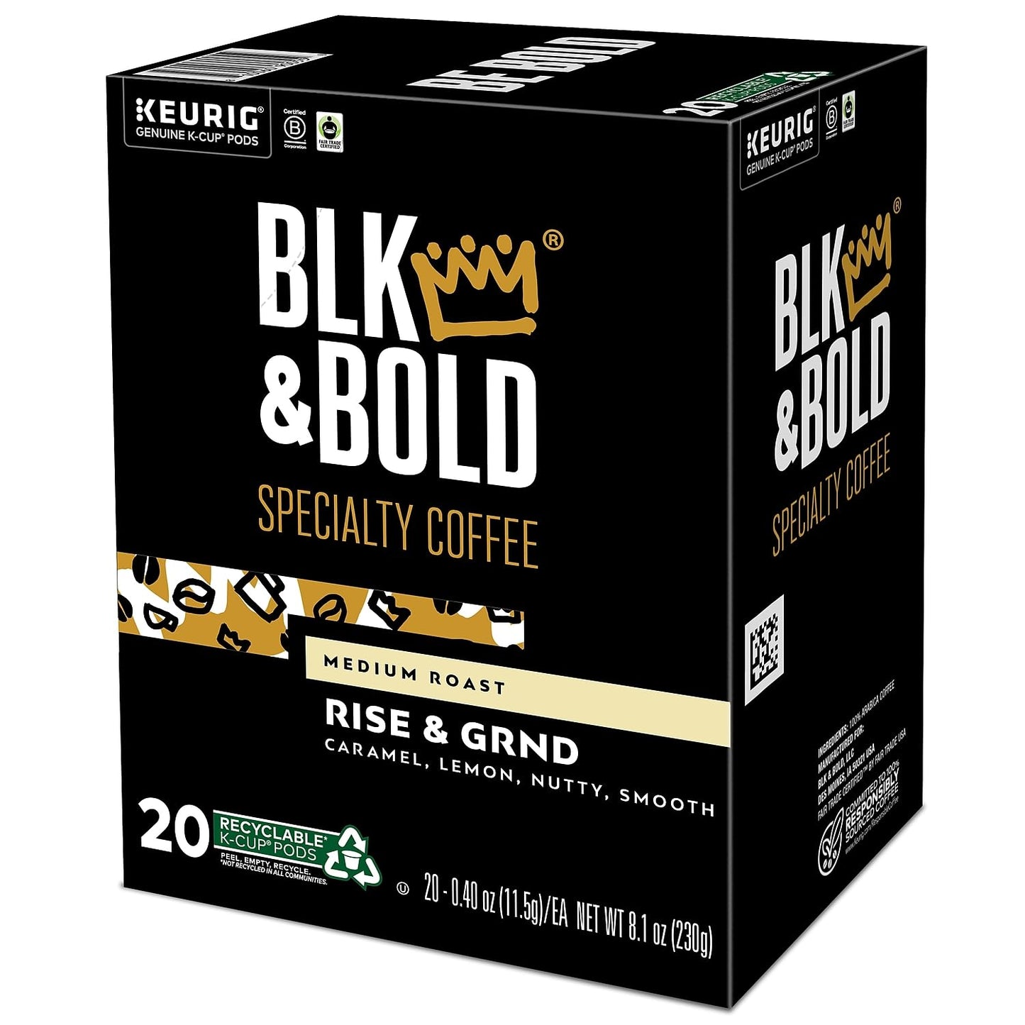 Blk & Bold Rise & Grnd, Keurig Single Serve K-Cup Coffee Pods, Premium Medium Roast, 100% Arabica Beans, 20 Count