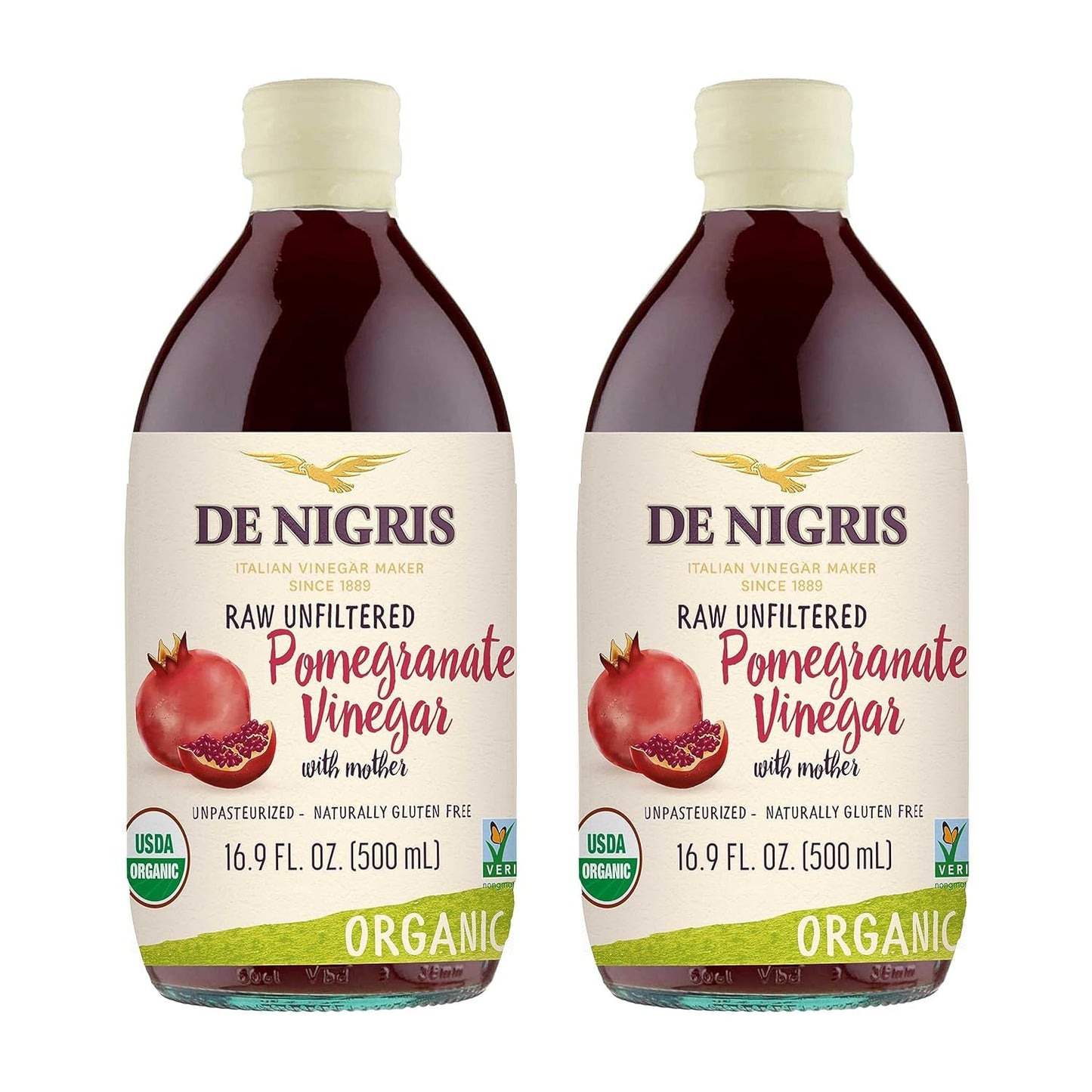 De Nigris Organic Pomegranate Vinegar Raw & Unfiltered 16,9 Oz (Pack of 2) | Balsamic Vinegar Pomegranate With Mother For The Ba
