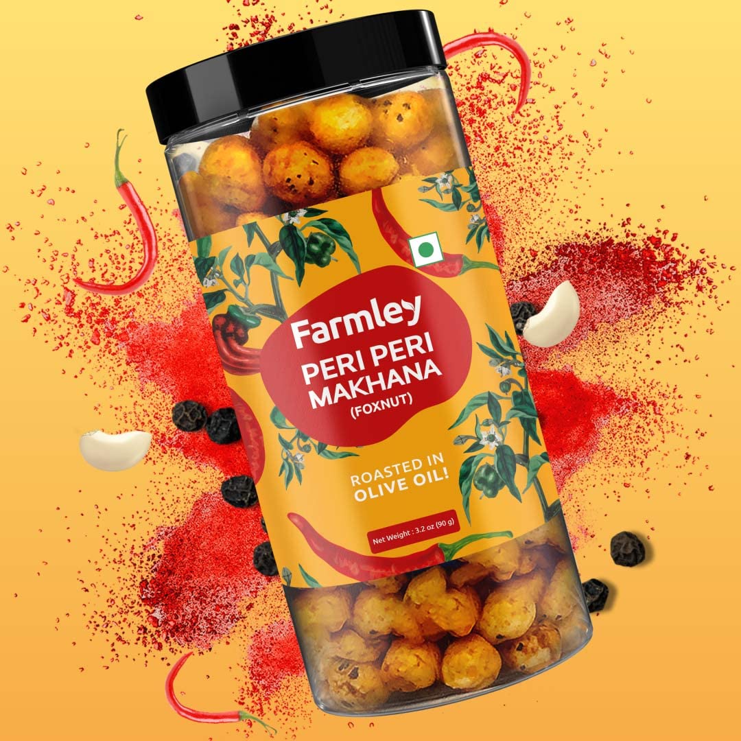 Farmley Makhana Healthy Puffs, Gluten Free Roasted Crisps, High Protein, Peri-Peri Flavor, 3.2 Oz (Pack of 1)