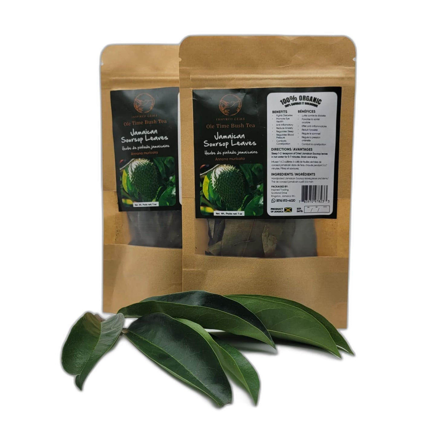 Organic Jamaican Soursop Leaf Tea - 2 Pack (2 X 1Oz) - Handpicked Graviola Leaves - Bushtea-Dried Tea Leaves - 100% Natural Dried Soursop From Jamaica - Inspired Gems Soursopleaves