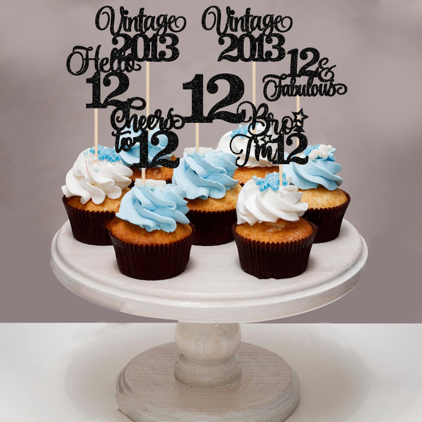 Rssta i Cupcake Toppers - 24 Pack Vintage Glitter Picks for 12th Birthday, Wedding, Anniversary - Black