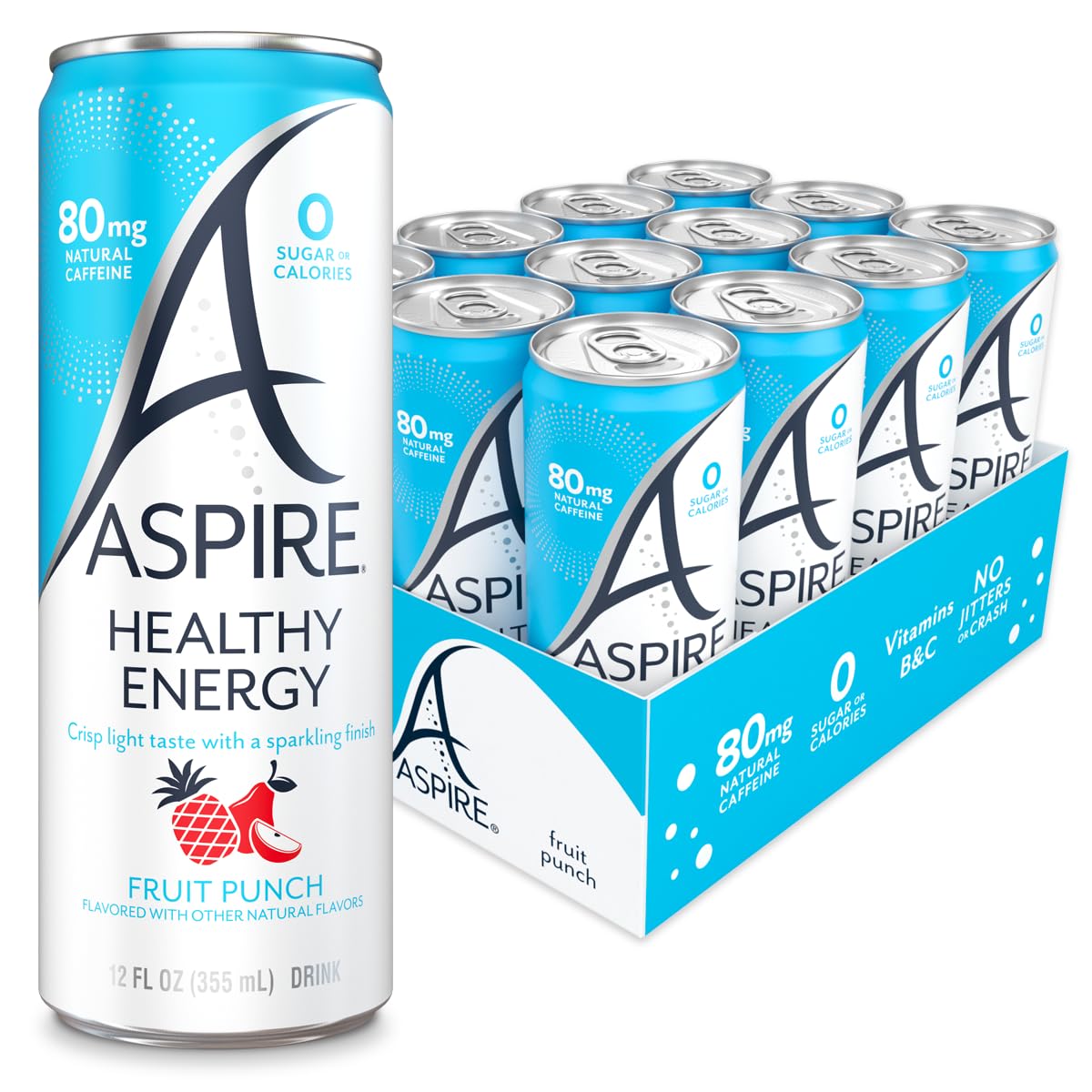 Aspire Healthy Energy Drink, Fruit Punch Flavor, 80mg Natural Caffeine, Zero Sugar, Keto Friendly, 12 Pack