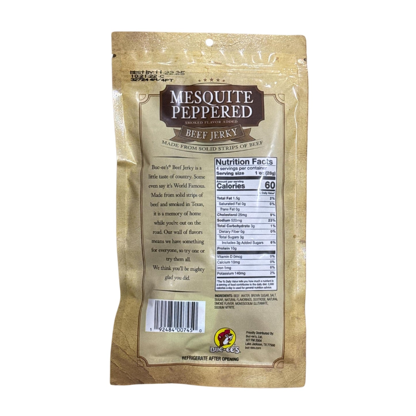 Buc-ees Smoked Mesquite Peppered Beef Jerky - 100% Lean, 10g Protein - 4 Ounce Bag