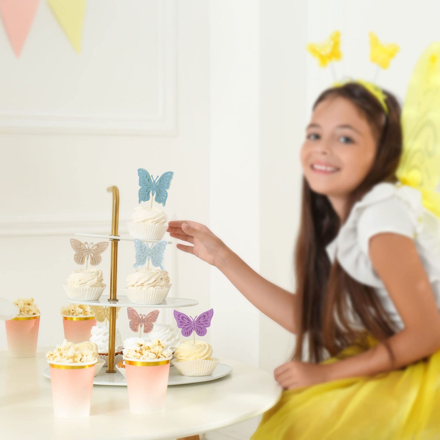 Gyufise 24Pcs Hollow 3D Butterfly Cupcake Toppers Multicolor Glitter Double Layer Butterfly Cupcake Picks Decoration For Butterf