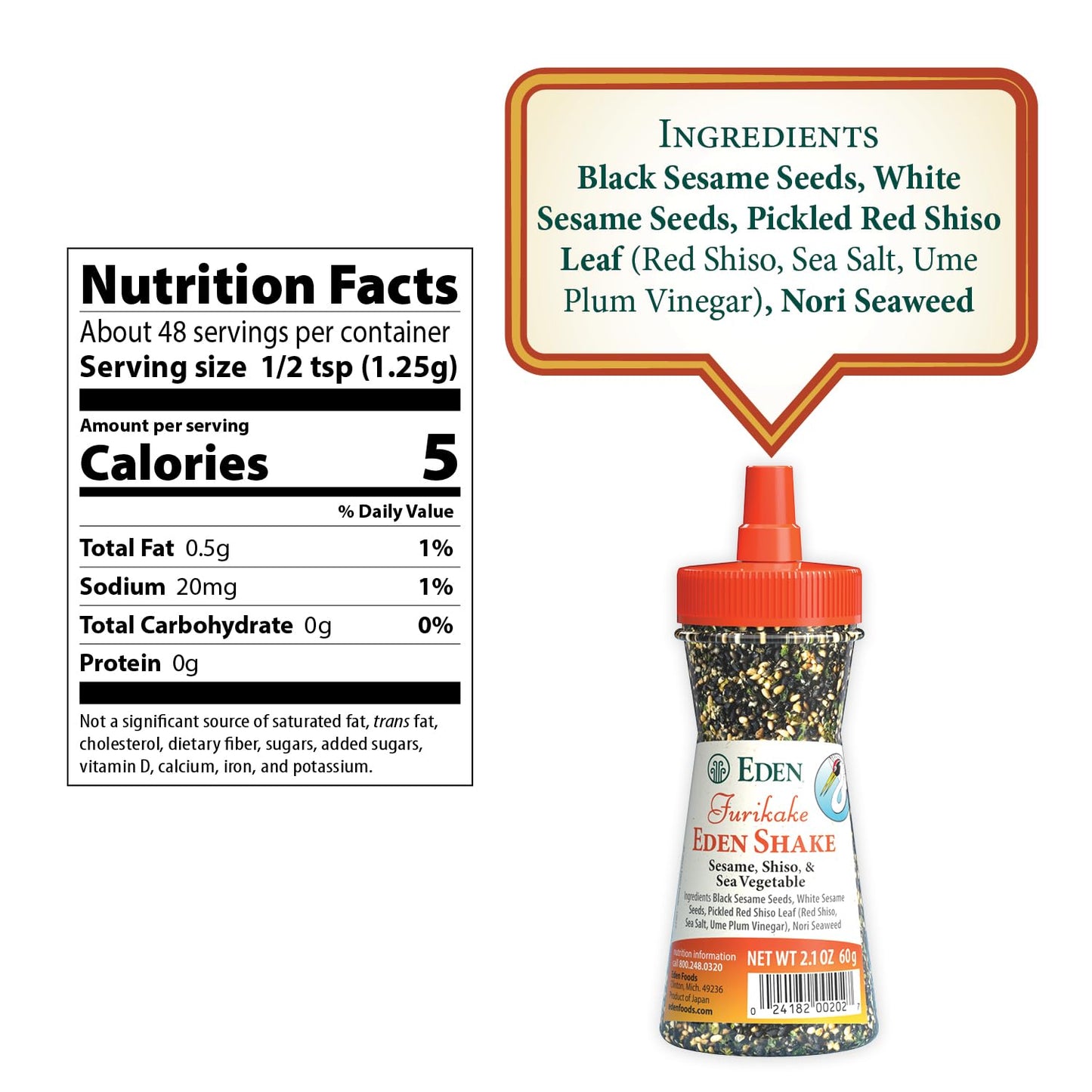 Eden Shake Furikake, Made In Japan, Rice Seasoning, No Sugar, Seaweed, Nori, Pickled Red Shiso Leaf, Black And White Sesame Seeds, Rice Topping, Onigiri, 2.1 Oz