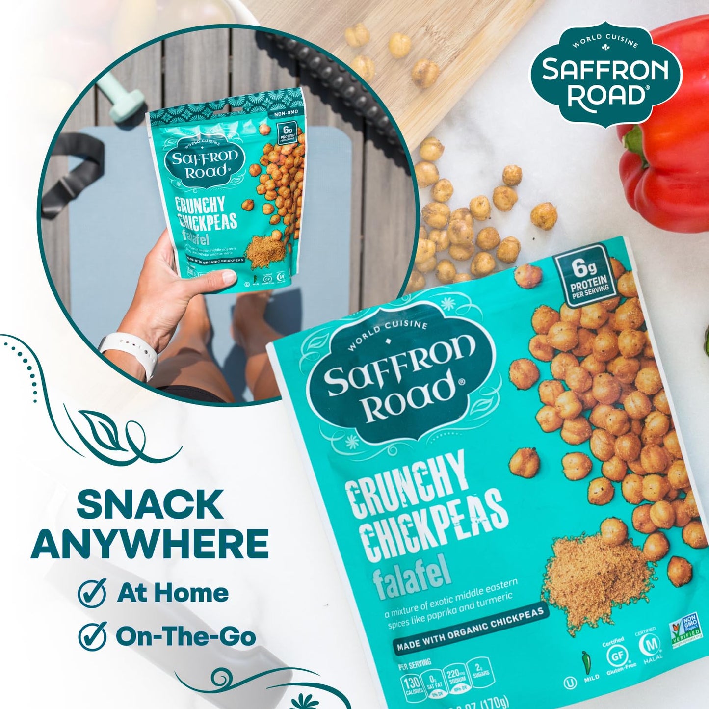 Saffron Road Roasted and Crunchy Falafel Chickpeas | High Protein Snacks | Gluten-free, Vegan, Non-GMO, and Certified Halal and