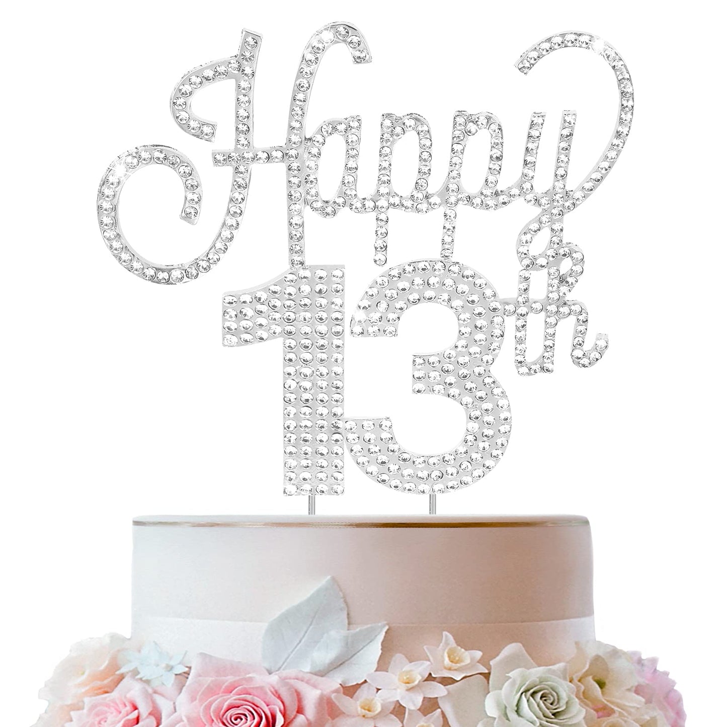 Lingteer Happy 13Th Birthday Silver Rhinestone Cake Topper - Cheers To 13Th Birthday Thirteen Years Old Party Cake Centerpieces