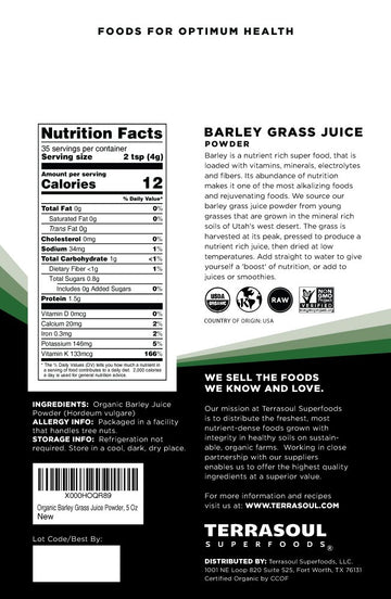 Terrasoul Superfoods Organic Barley Grass Juice Powder, 5 Oz - USA Grown | Made From Concentrated Juice | Superior to Barley Gra