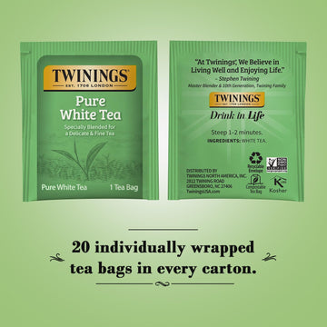 Twinings Pure White Tea Bags - Delicate Caffeinated Tea Made From Fresh White Tea Leaves, Perfect For Hot Or Iced Tea, 20 Count