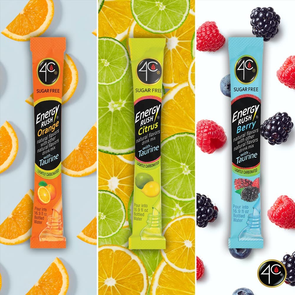 4C Powder Energy Rush Stix, Energy Rush - Orange 350 Count, Bulk Buy, Singles Stix, On The Go, Refreshing Water Flavorings, Value Pack