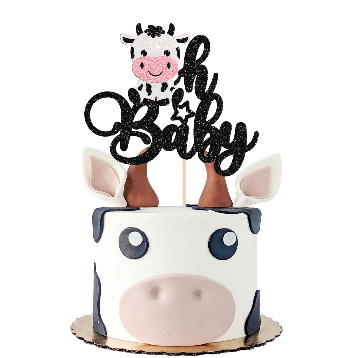 Gyufise 1Pc Cow Oh Baby Cake Topper Glitter Farm Animals Oh Baby Cow Cake Pick For Gender Reveal Theme Baby Shower Kids Boys Girls Birthday Party Cake Decorations