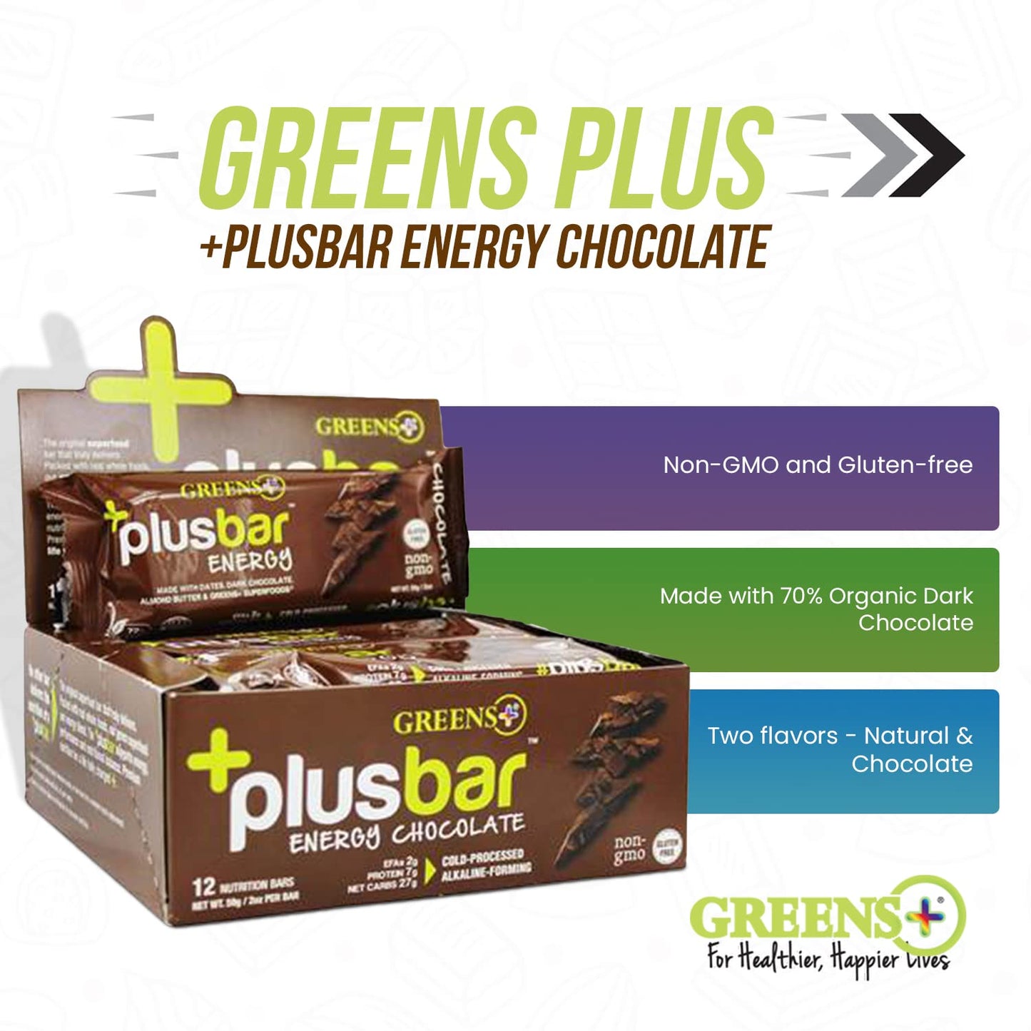 Greens+ Plusbar Energy Bars, Chocolate, Gluten Free Healthy Snacks with Organic Super Greens, Superfoods & Dark Chocolate, Vegan