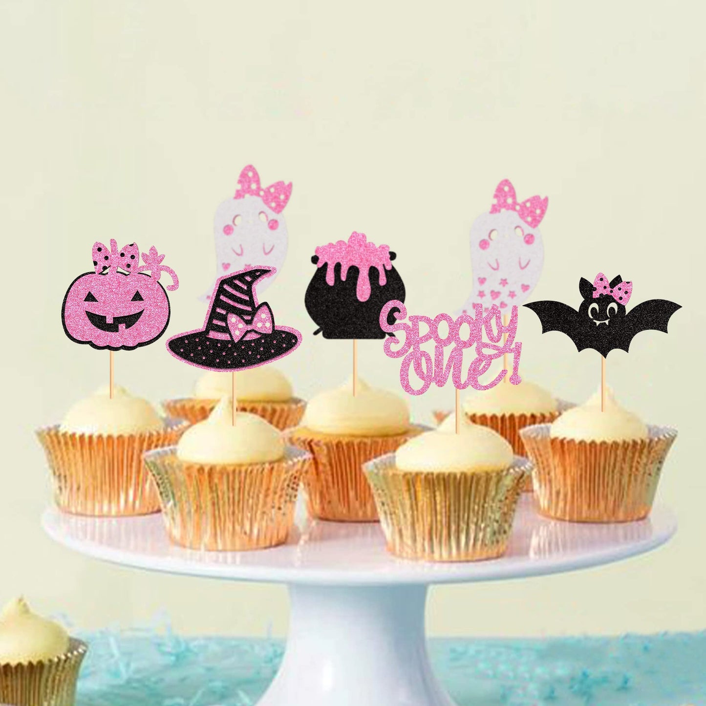 Ercadio 36 Pack Spooky One Cupcake Toppers Glitter Pink Halloween Cupcake Toppers Ghost Pumpkin Witch Hat Cupcake Picks For Hall