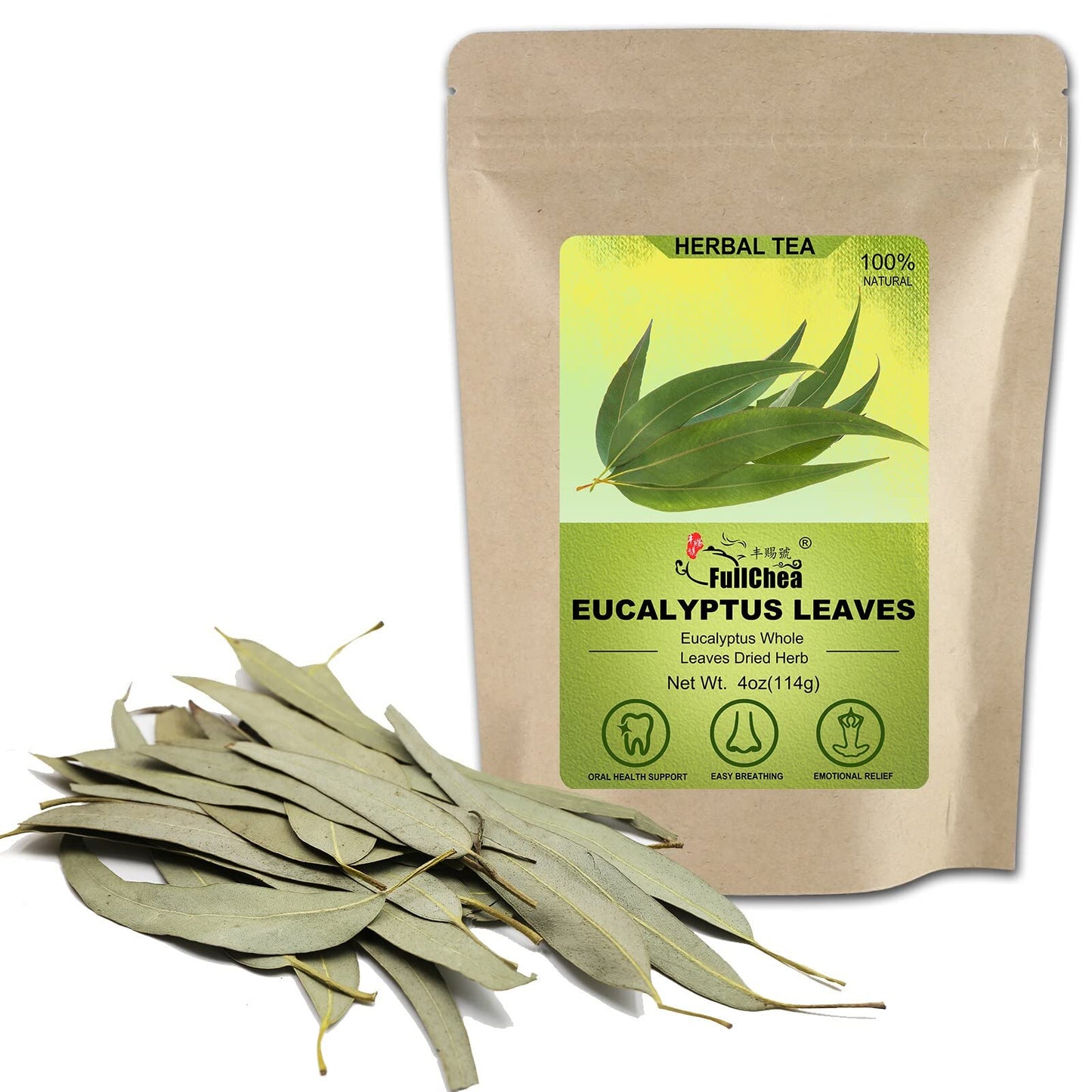 Fullchea - Dried Eucalyptus Leaves - 4Oz/114G - Hojas De Eucalipto - Top-Grade Chinese Dried Eucalyptus Herb Whole Leaf - Non-Gmo - Energy Blend-Free - Easy Breathing Support