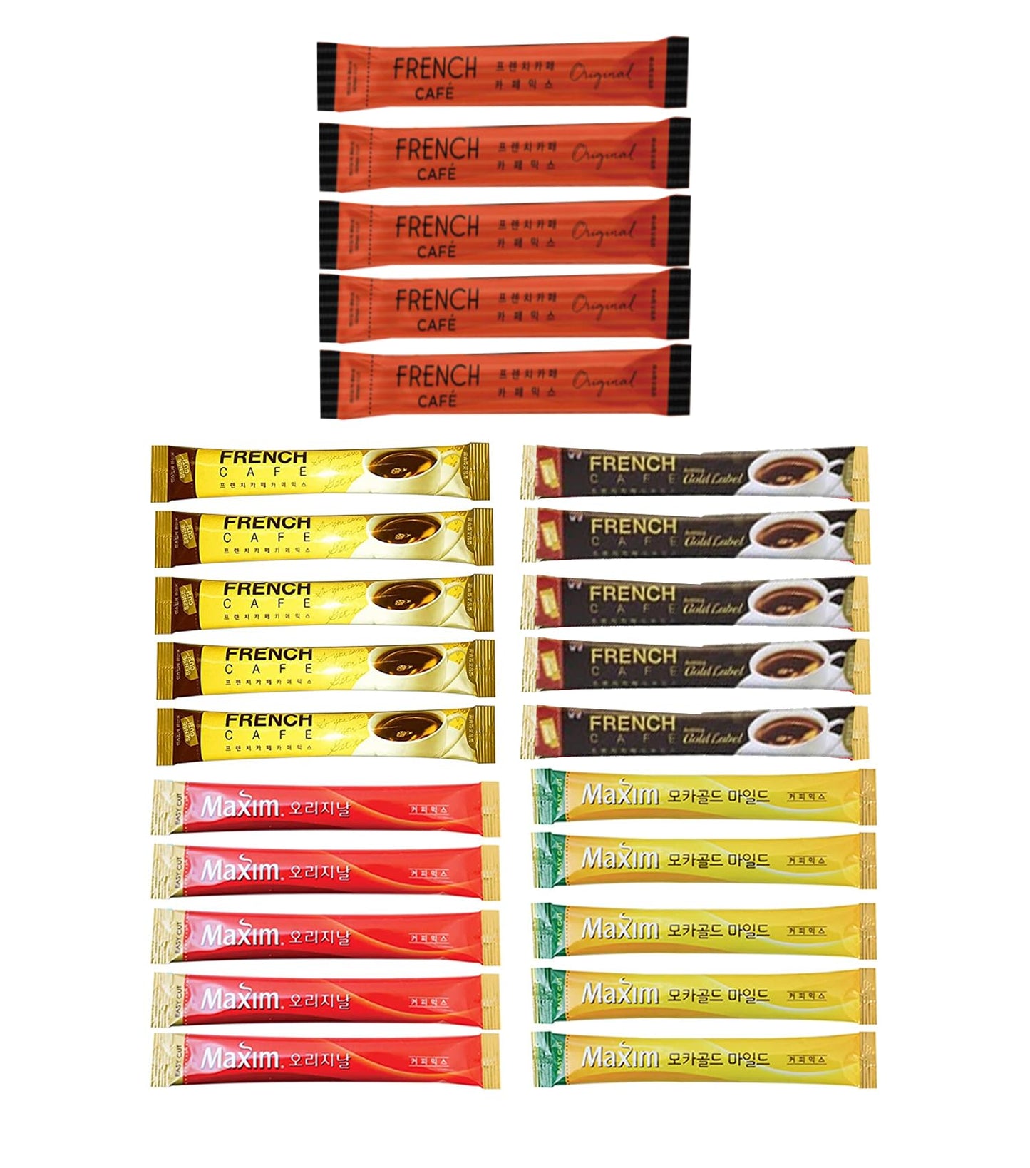 25 Instant Coffee Sampler, Korean Instant Coffee Mix Assortment Package, 25 Sticks, Maxim, French Caf  ,