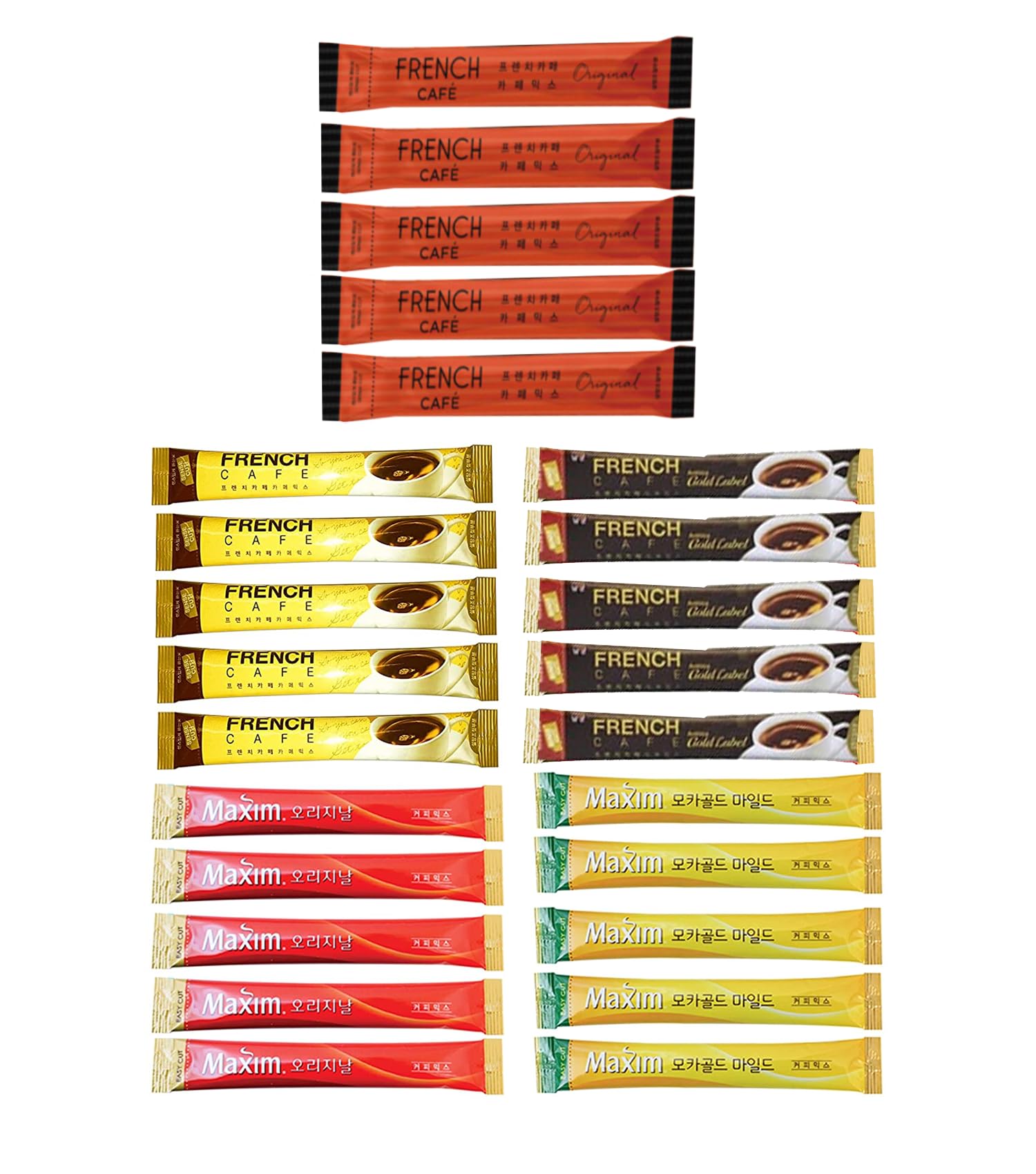 25 Instant Coffee Sampler, Korean Instant Coffee Mix Assortment Package, 25 Sticks, Maxim, French Caf  ,