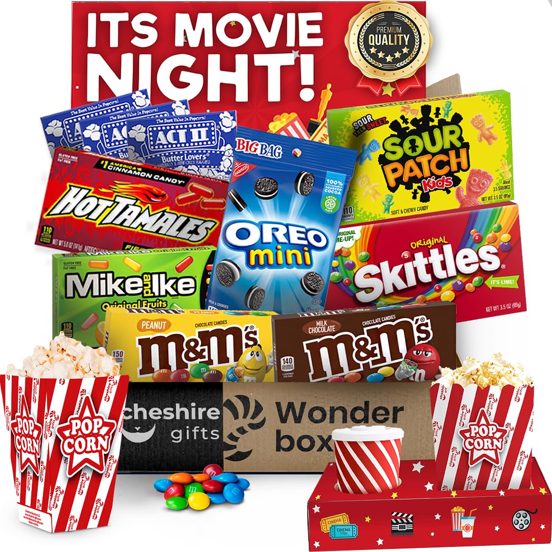 Movie Night Basket Gift Set - with Candy Variety Pack Movie Trays Movie Snacks & Popcorn Set - Gift Baskets For Families by Cheshire Gifts