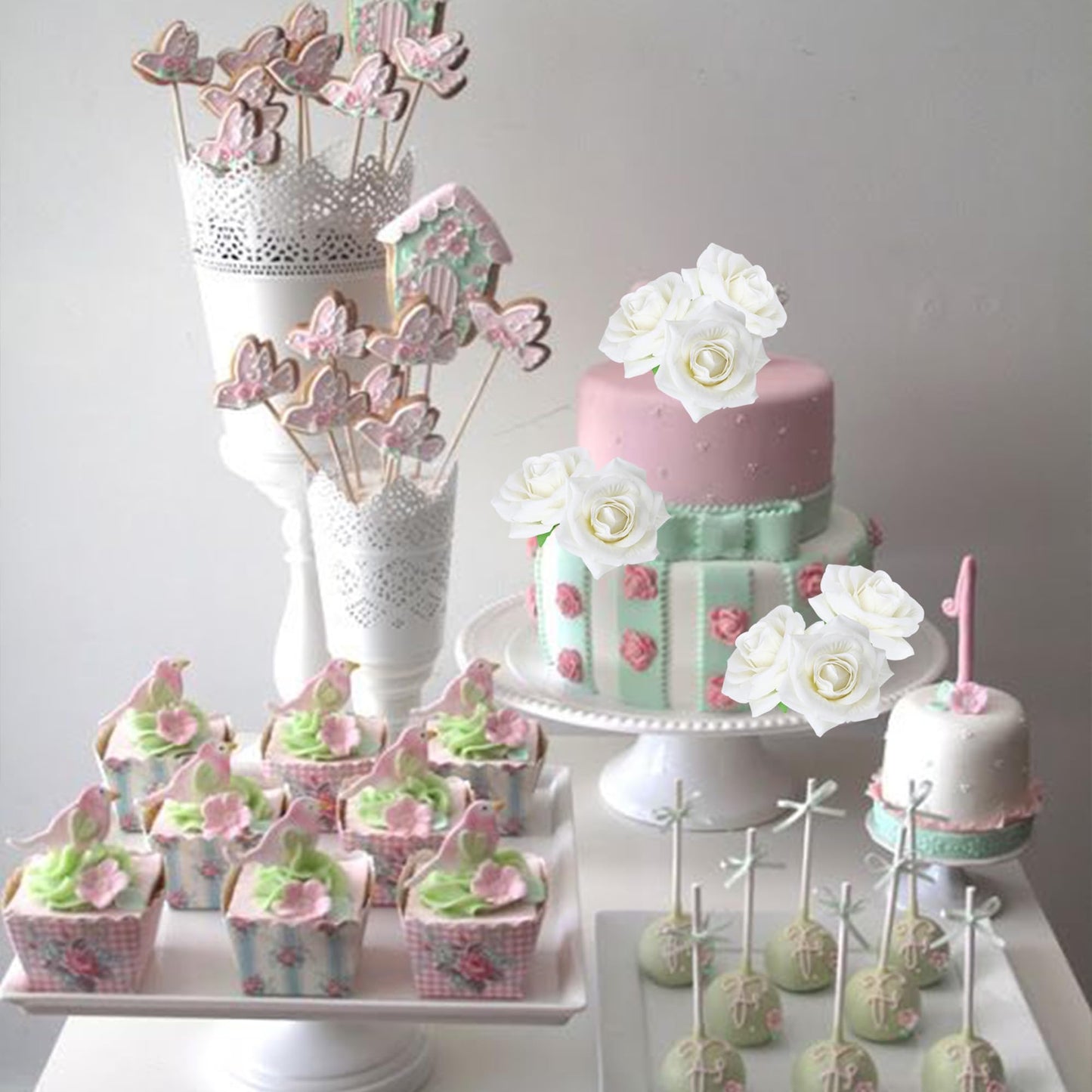 Rssta i Artificial Roses Cake Topper, 9 Pack, Paperboard, 2.6 x 2.6 inches, Design 5 White, Wedding/Birthday Decorations