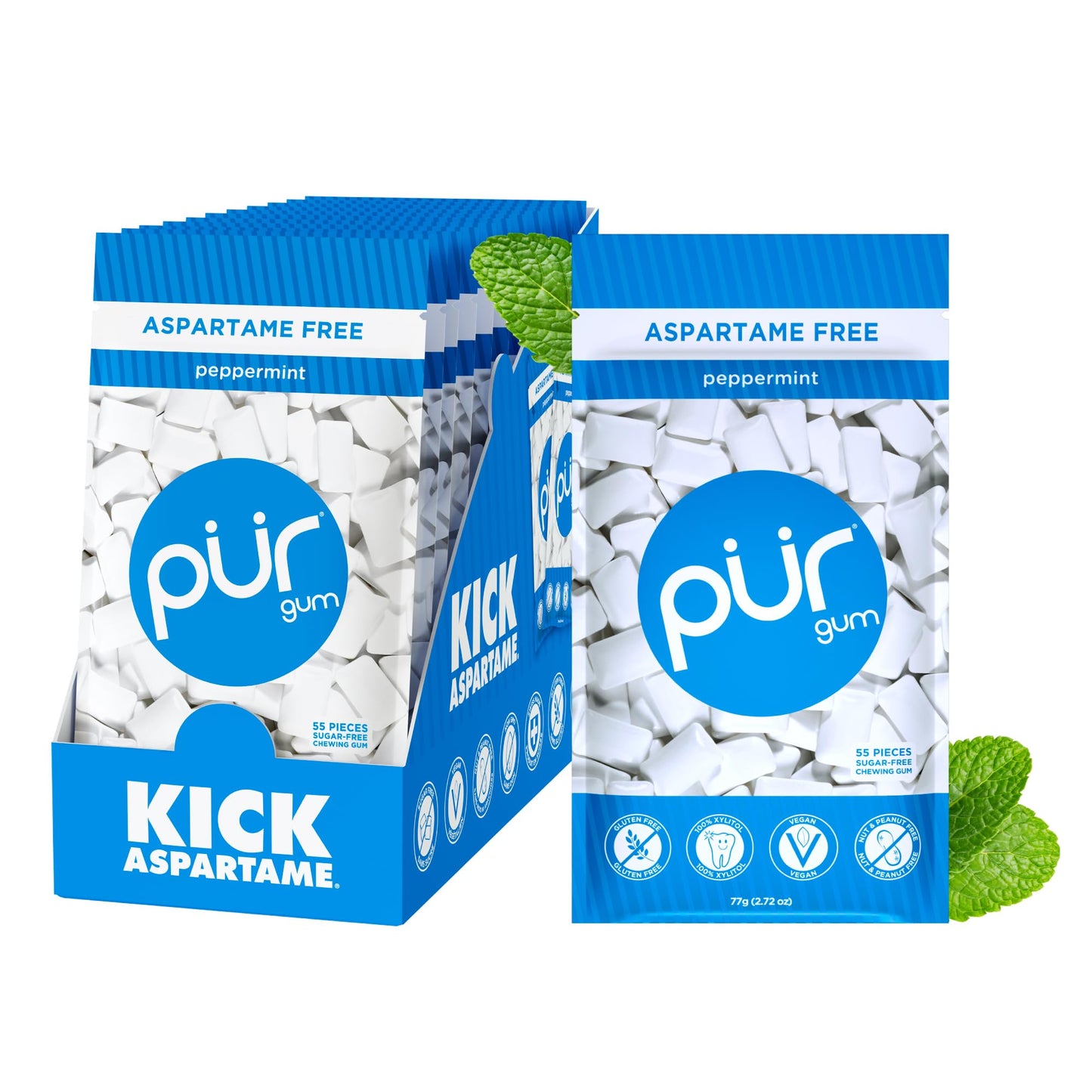Pur Gum | Aspartame Free Chewing Gum | 100% Xylitol | Natural Peppermint Flavored Gum 55 Pieces (Pack Of 12)