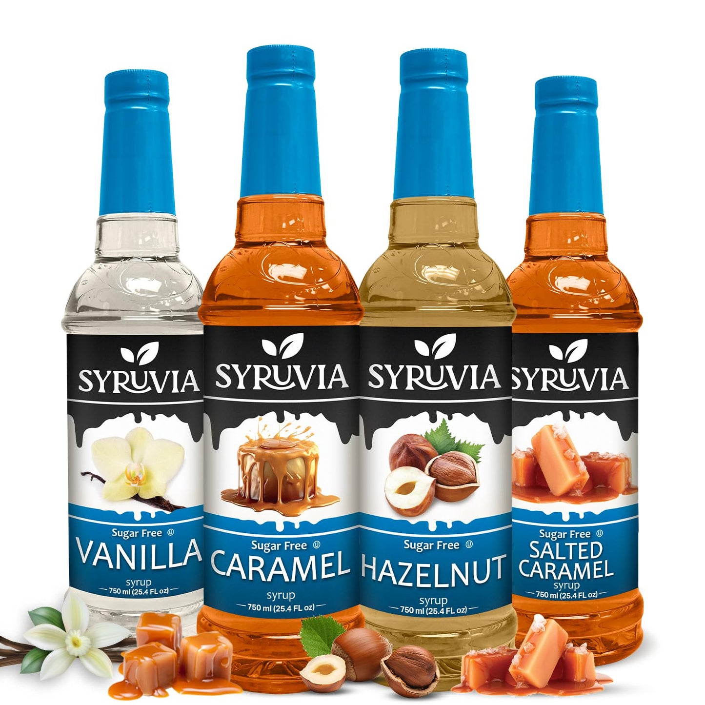 Syruvia Coffee Syrup Variety Pack Sugar Free Vanilla Caramel Hazelnut & Salted Caramel Kosher 25.4 fl oz bottles - Elevate Your Coffee Experience!