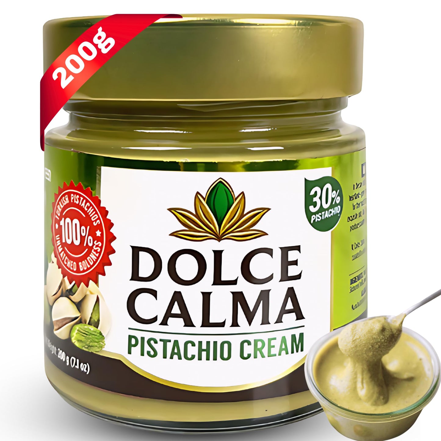 Dolce Calma Top-Grade Pistachio Cream Spread 200 G (7 Oz) - Glass Jar - 30% Pistachios - Authentic Turkish Pistachio Cream For Dubai Chocolate Toast Cakes Waffles Or Pastries - No Palm Oil