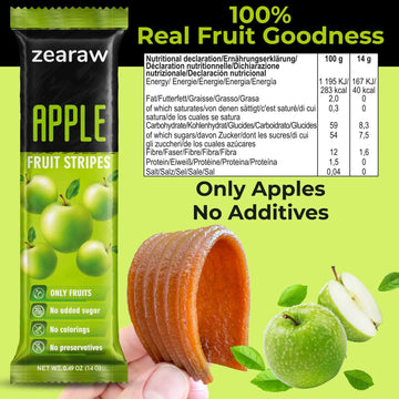 Zearaw Healthy Fruit Snacks For Adults And Kids - 30 Organic Fruit Leather With Dried Apple, Apple-Strawberry, Pear-Mango - Vega